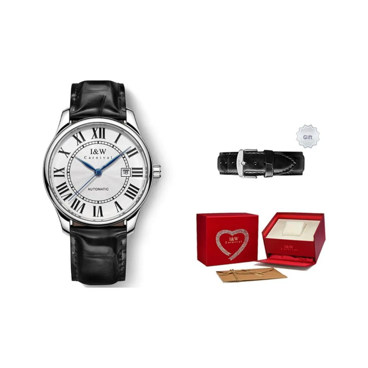 I&W CARNIVAL HWGUOJI Automatic Mechanical Movement Genuine Leather Strap Watch Unisex White Dial