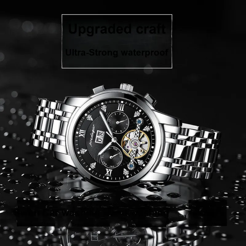 POEDAGAR Mechanical Movement Stainless Steel Watchband Men's Watches Black Dial-4