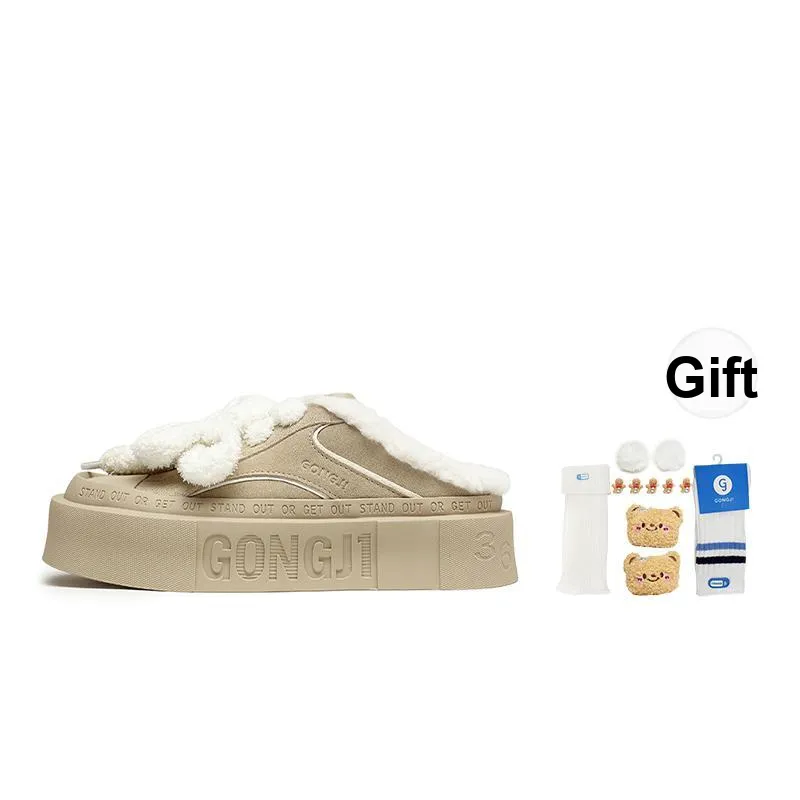 GONGJI Square Inches Fuzzy Abrasion Resistant Slip Resistant Wrap toe Slippers Women's Khaki