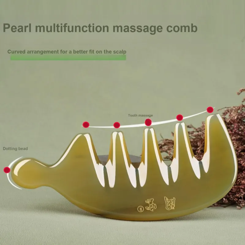 Min Bao White Buffalo Horn With Beads Five Prong Wide Tooth Comb Massage Meridians-12