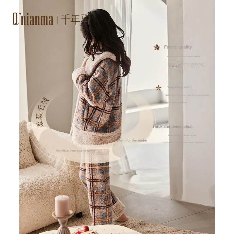 Q'NIANMA Pajama Set Women's Coffee Blue Plaid-2