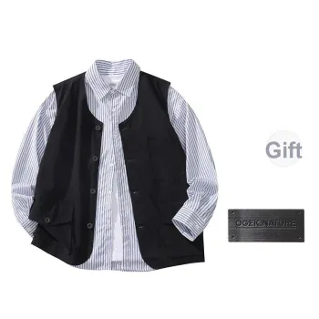 OGEK Shirt Matching Set Unisex Black+Blue White Stripes Shirt Includes Brooch