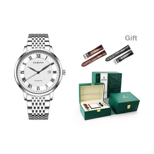 RENOVO Автоматический Механический Механизм Стальной Ремешок Часы Мужские Белый Циферблат