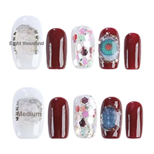 Yun Yue Joe Китайская мода Тренд Маджонг Процветание Гравировка Ручная работа Бордовый False Nail Короткий Лестница 15 мм