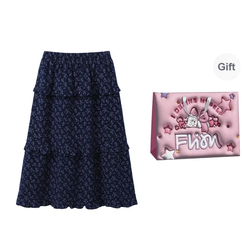 FLIM Casual Long Skirts Women's Navy Blue-8