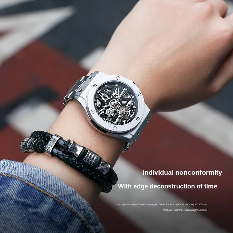 BEXEI Mechanical Movement Metal Strap Watch Men's Watches Cut Out Dial-2