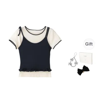 Fstudio Korean Style Color Block Crew Neck Two Piece Set Fashion Short Sleeved T Shirts Women's