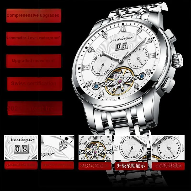 POEDAGAR Mechanical Movement Stainless Steel Watchband Men's Watches Black Dial-10