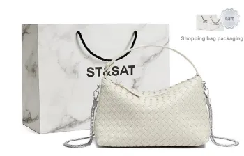 ST&SAT Cow Leather Shoulder Bag Crossbody Bag Handbag Woven Bag Large Size Women's Ecru