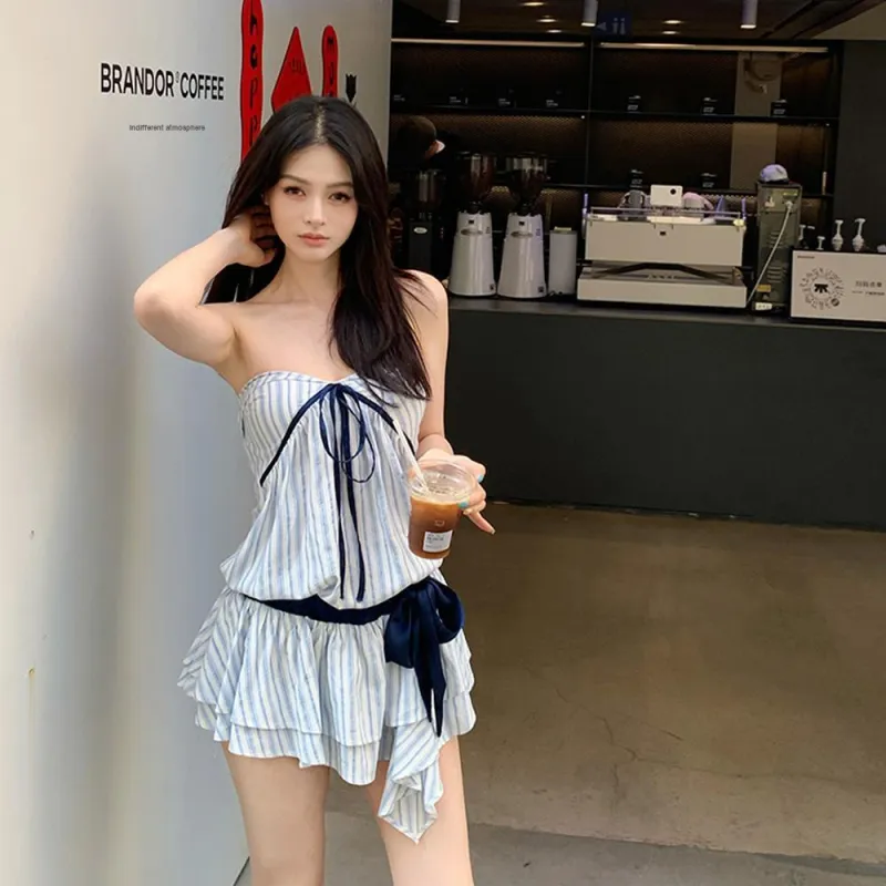 FLIM Sleeveless Dresses Women's Blue White Stripes Bear Box-5