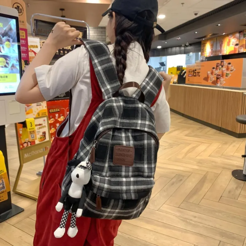 Yalu Woolen Backpack Unisex Black White Plaid/Brown Gray Plaid/Red Plaid/Brown Blue Plaid-7