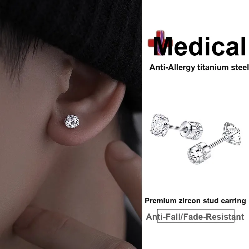 LNIEER Medical Titanium Steel Zirconia Stud Earrings Men's-20