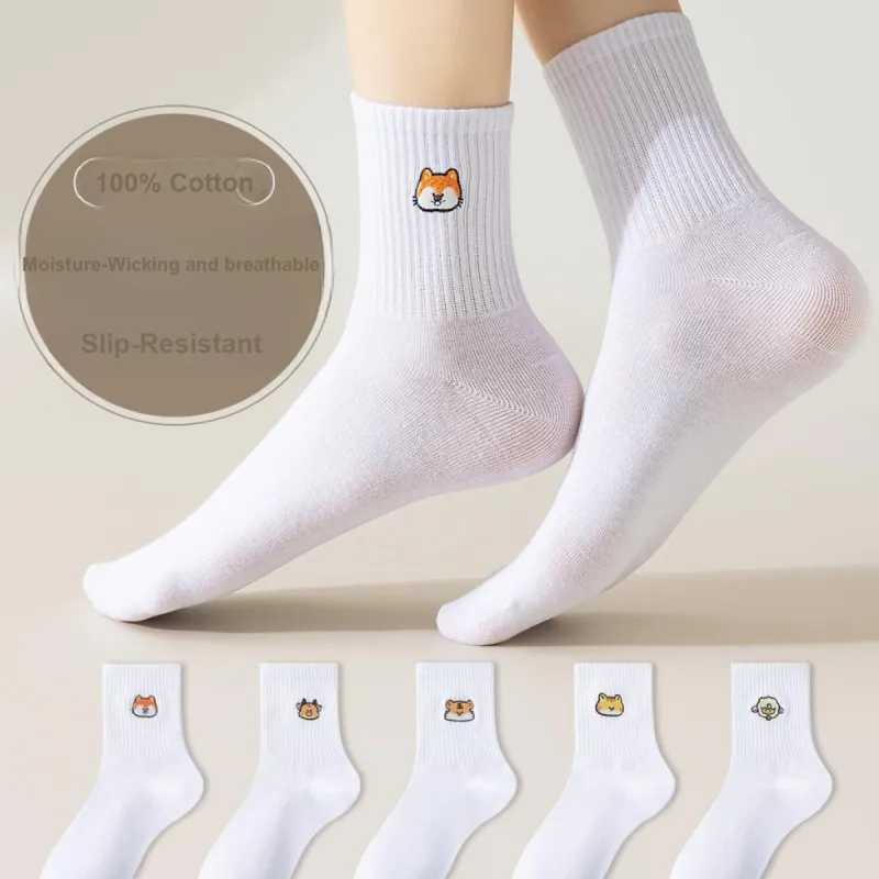 MIIOW Mid Calf Socks Women's White 5 Pack-2