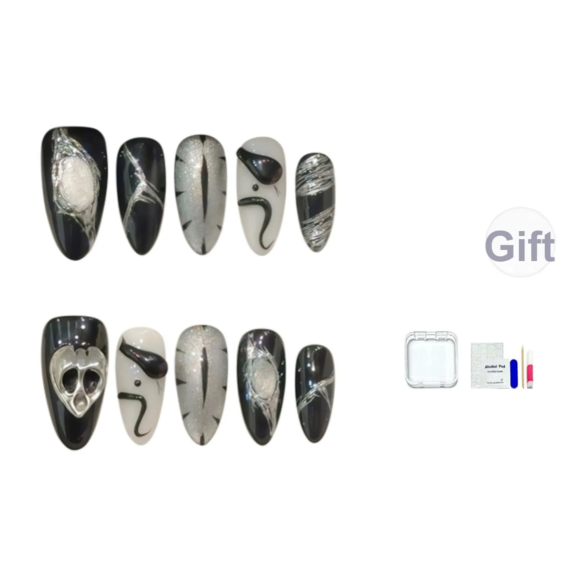 JINGCHANXUE Черный Python Eye Призрак Череп Handcrafted False Nail Миндаль Черный белый Jump Цвет Кошачий глаз 14mm