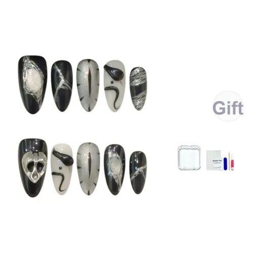 JINGCHANXUE Черный Python Eye Призрак Череп Handcrafted False Nail Миндаль Черный белый Jump Цвет Кошачий глаз 14mm