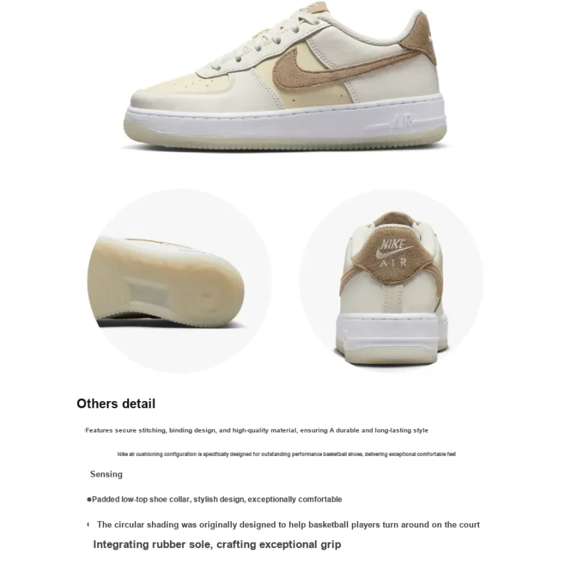 Nike Air Force 1 Anti Slip Wear Resistant Low Top Skateboard Shoes Beige Kids'-6