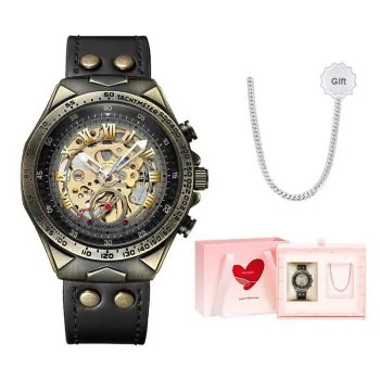 MELSMAO Casual Threadbare Watch Mechanical Movement Leather Watch Bands Watch Men's Watches Gold Dial