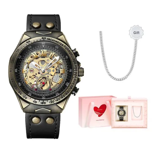MELSMAO Casual Threadbare Watch Mechanical Movement Leather Watch Bands Watch Men's Watches Gold Dial