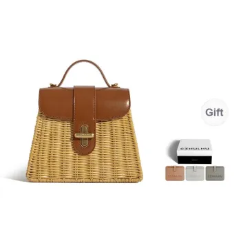 Cthulhu Cow Leather Rattan Box Bag Natural Rattan Shoulder Bag, Crossbody Bag Medium Size Women's Brown