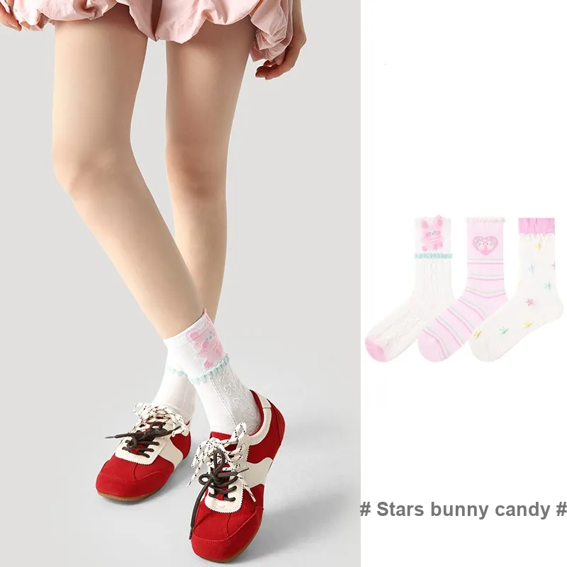 Vine Color Mid Calf Socks Women's 3 Pack Stars Bunny Candy-2