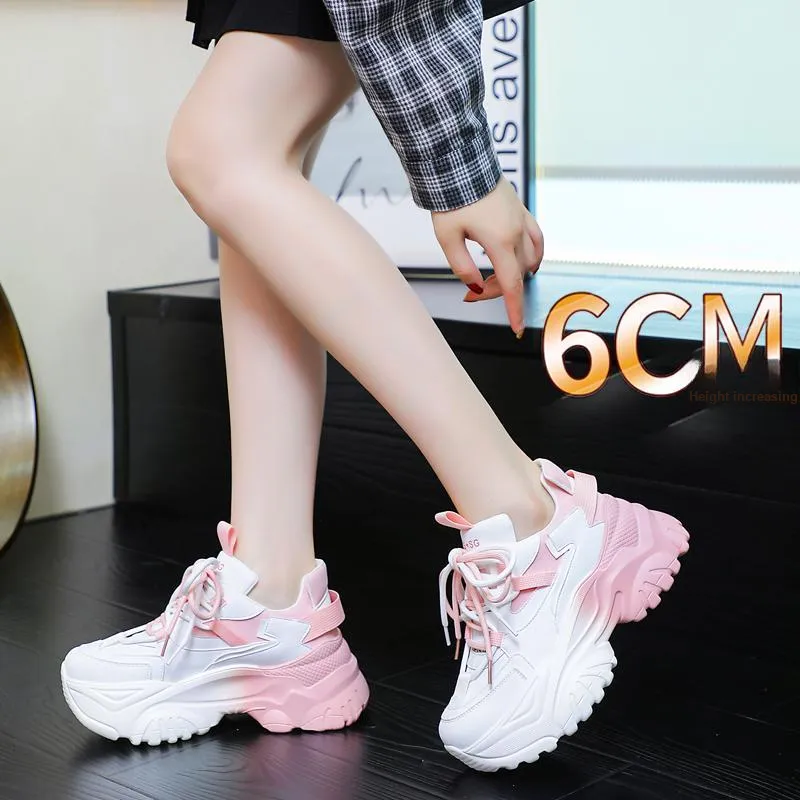 Ruomini Anti-Slip And Wear-Resistant Lightweight Height Increasing Low-Top Chunky Sneakers Women's Gradient Pink-1