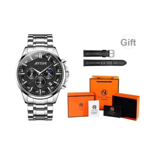 AIYISHI Кварцевый механизм ремешок из нержавеющей стали черный циферблат мужские часы