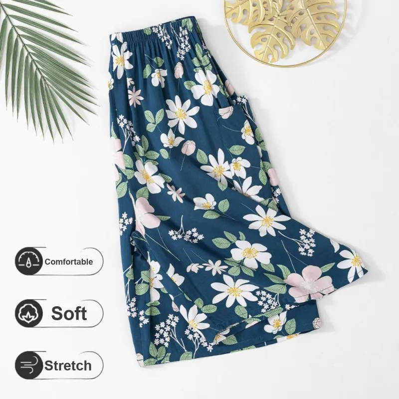 MADALLO Pajama Pants Women's Short Blue Base With Mulan Flower-1