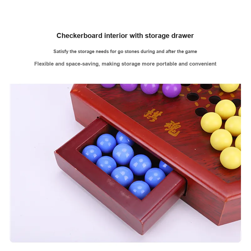 Imono Checkers Glass Beads Educational Marble Checkers Adults Premium Large Size Hexagonal Wooden Checkers Board Games-8