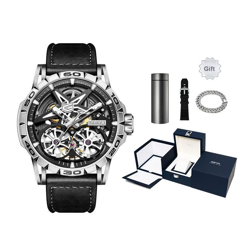 GEYA G MAX Collection Automatic Mechanical Movement Leather Strap Watch Men's Watches Cut Out Dial-0