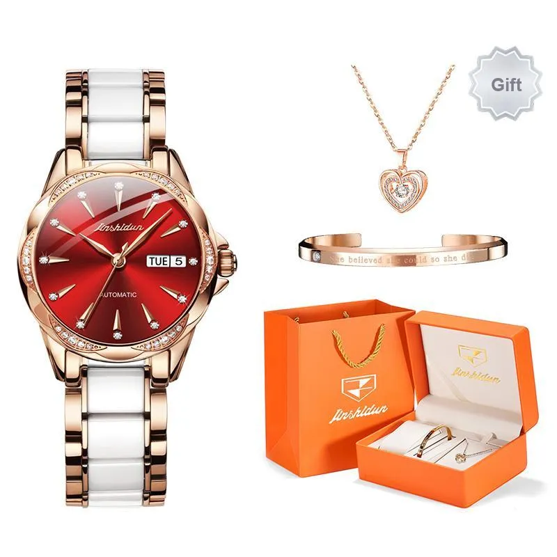 Jin Shi Dun Rhinestone Embellished Box Mechanical Movement Watch Women's Watch White Dial-18