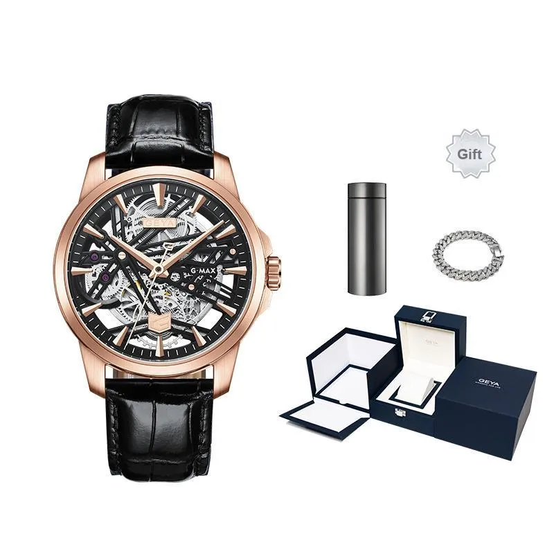 GEYA G MAX Collection Automatic Mechanical Movement Genuine Leather Strap Watch Men's Watches Cut Out Dial