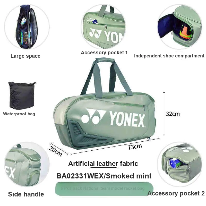 YONEX Badminton Racket Bags 6 Pcs Sporty Style Shoulder Bag Mint Green Unisex-3