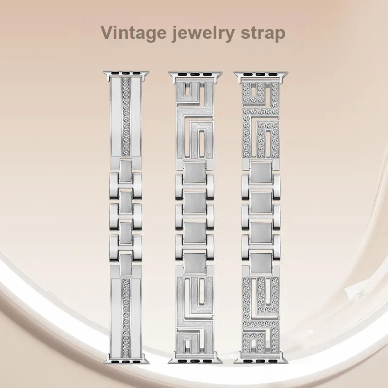 SHIRUI Apple Watch Strap Advanced S9 Watch Bands Stainless Steel Silver Style With Diamonds Unisex-1