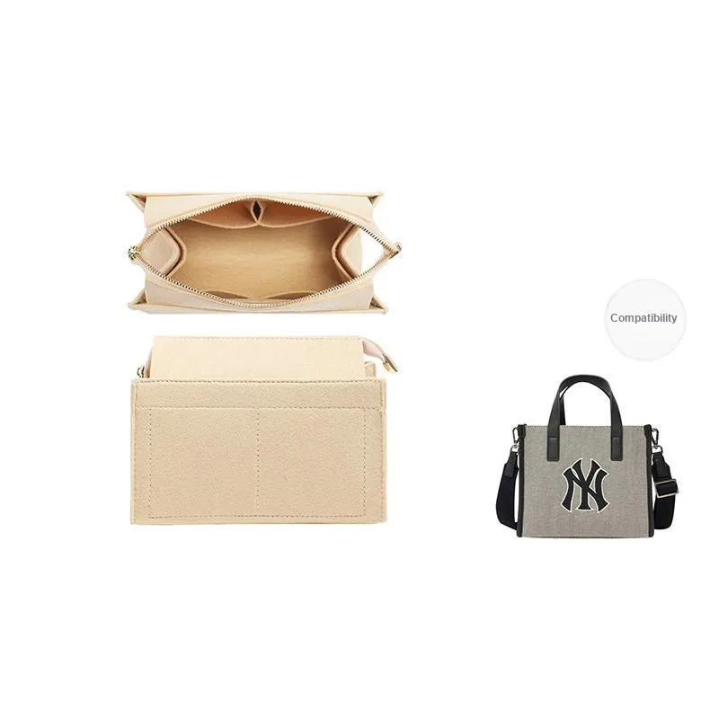 Felt Bag Insert Lining, Storage Mlb, Square Tote, Medium Bag, Zipper Support, Single Purchase, Bag Strap Women's Beige-4