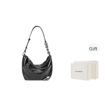 SHEPOK Cow Leather Dumpling Bag Shoulder Bag Crossbody Bag Croissant Bag Women's Black/Silver