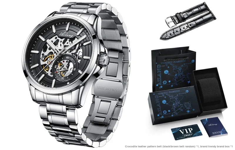 AILANG Automatic Mechanical Movement Genuine Leather Strap Watch Men's Watches White Dial-3