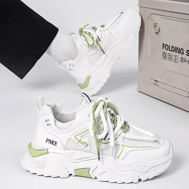 PNKE Anti-Slip Wear-Resistant Breathable Height Increasing Low-Top Chunky Sneakers Men's White Green-3