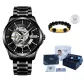 Black Case Silver Stud Steel Band[Light Blue Box+Chinese Auspicious Animal Bracelet+Strap]
