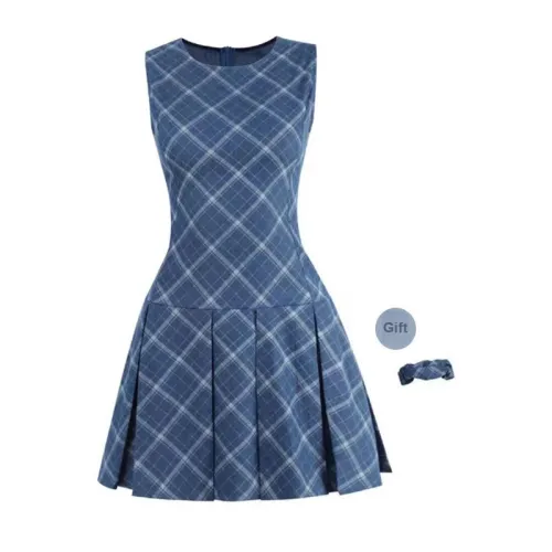 TIBINB Sleeveless Dresses Women's Blue Plaid