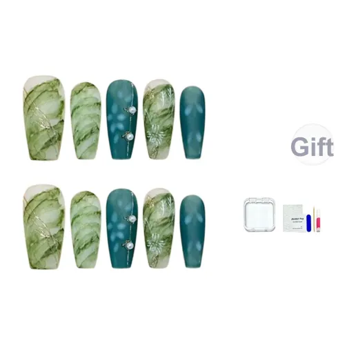 JINGCHANXUE Зеленый Ледяной Прозрачный Жемчужный Handcrafted False Nail Средний LADDER Летний Смужка Новый китайский стиль 16мм