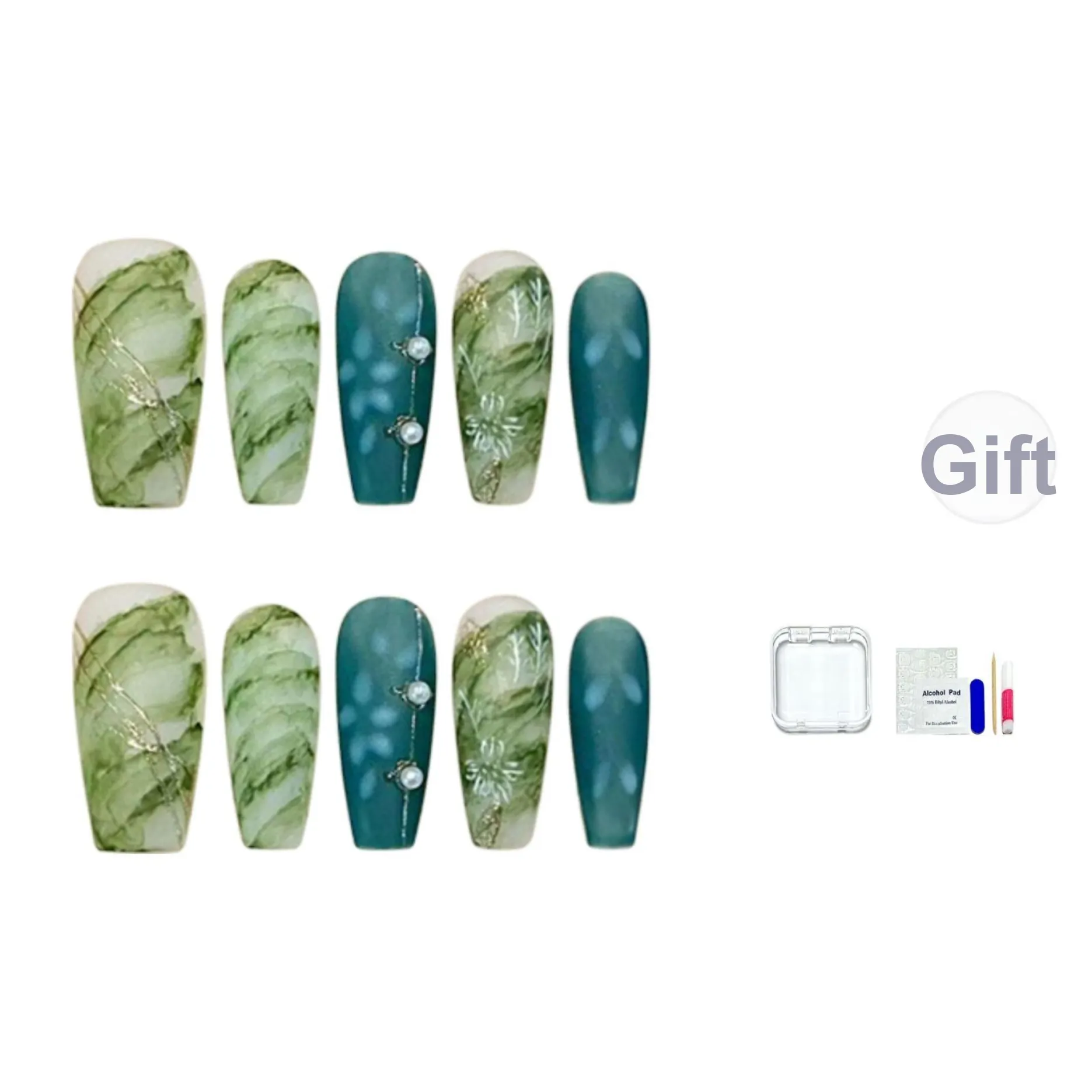 JINGCHANXUE Зеленый Ледяной Прозрачный Жемчужный Handcrafted False Nail Средний LADDER Летний Смужка Новый китайский стиль 16мм