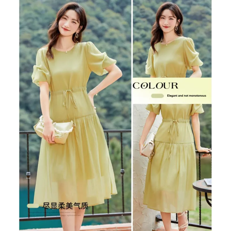 Like The Age Of Water Summer Short Sleeved Dress Regular Women's Yellow-2