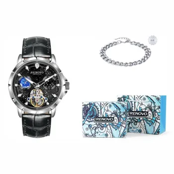 RENOVO Sea Of Stars Automatic Mechanical Movement Genuine Leather Strap Watch Men's Watches Cut-Out Dial