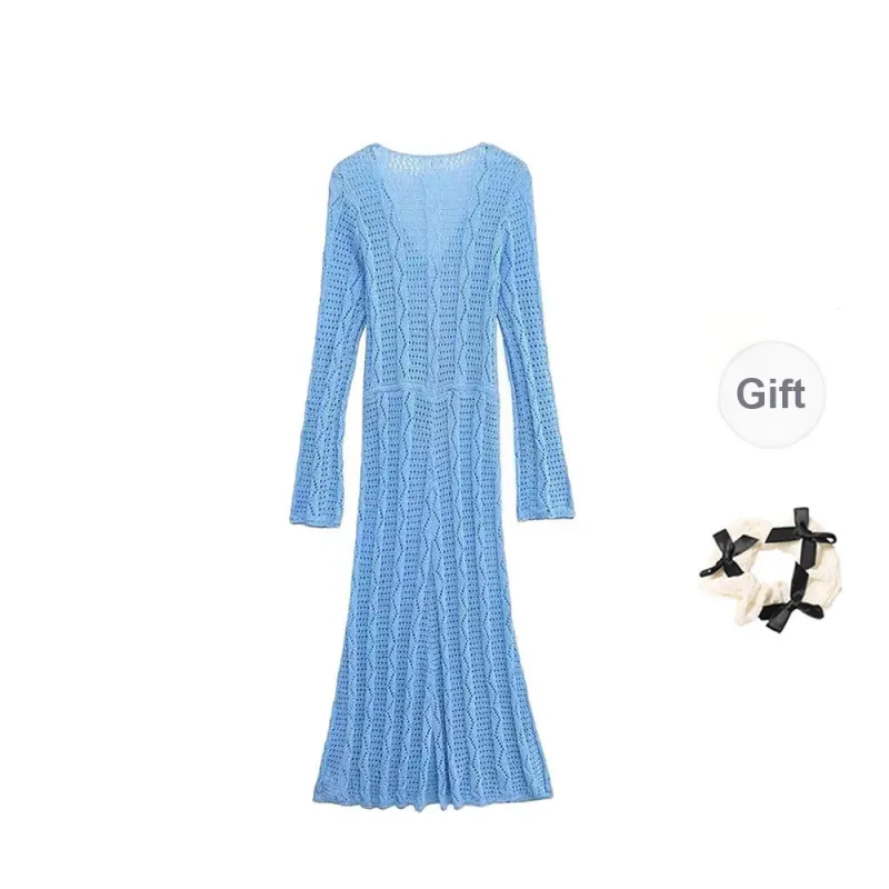 TORIGHT Long Sleeved Dress Women's Blue/Bowknot Hair Tie Comes With-1