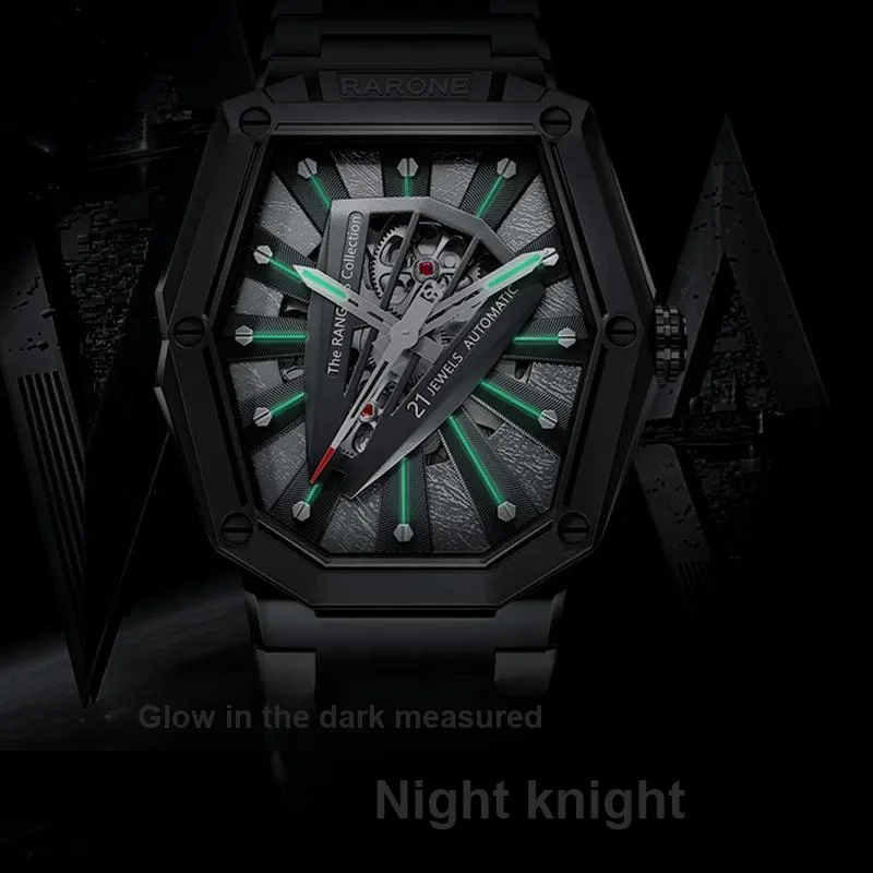 RARONE Knight Laser Knight, Night Black Mechanical Movement Stainless Steel Watchband Watch Men's Watches Cut Out Dial-3