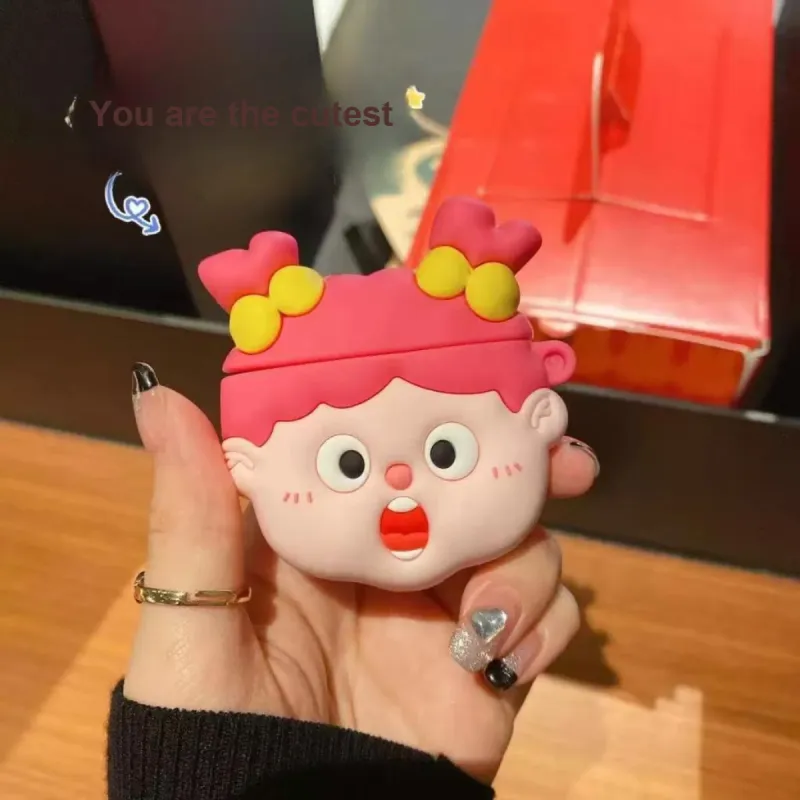 Beams Compatibility Airpods4/3/Pro/Pro2 Silicone Cartoon Cute Girly Pink Hair Girl Headphone Cases-3