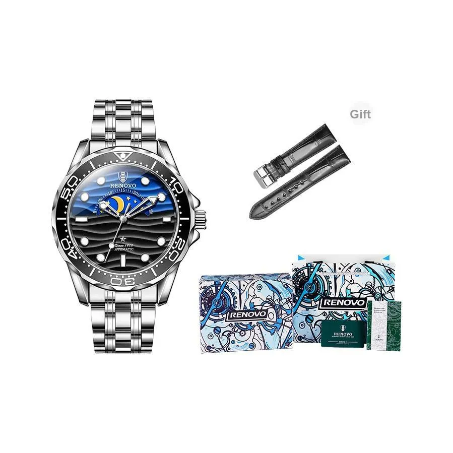 RENOVO Автоматический Механический Механизм Нержавеющая Сталь Ремешок Часы Мужские Черный Циферблат