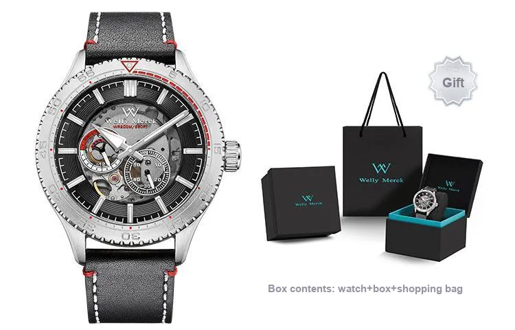 Welly Merck Automatic Mechanical Movement Men's Watches Wrist Watches 41mm 43mm Black Dial Genuine Leather Strap WM066M-1