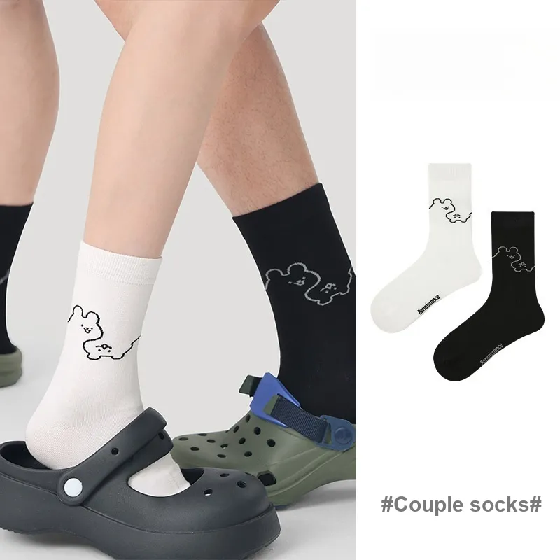 Vine Color Mid Calf Socks Unisex 4 Pack Bear Rabbit Line Drawing-2