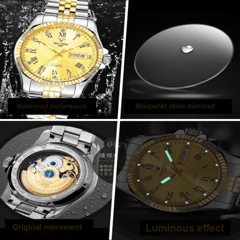 Diamond Automatic Mechanical Movement Watch Men's Watches Gold Dial-15